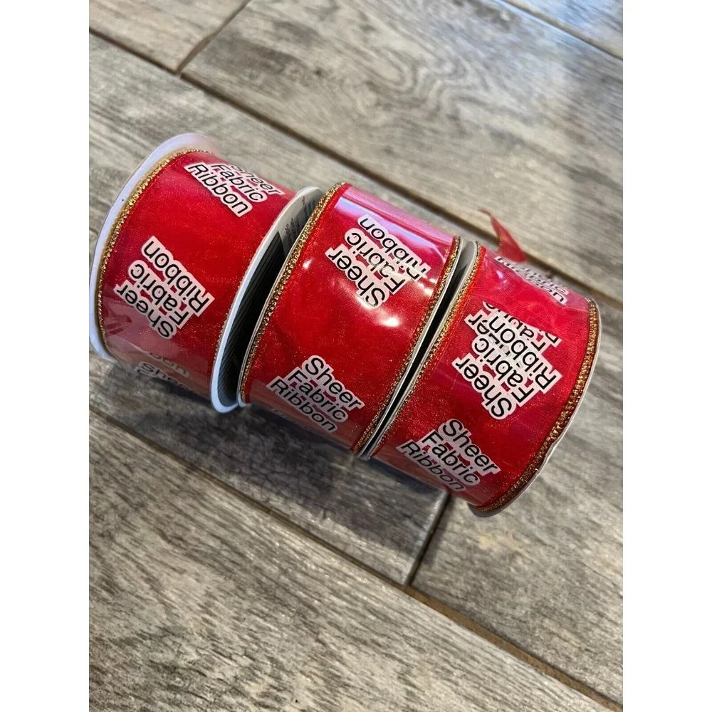 NWT 3 rolls Sheer Fabric‎ Ribbon Red sparkle Gold Trim Wired Christmas Holiday